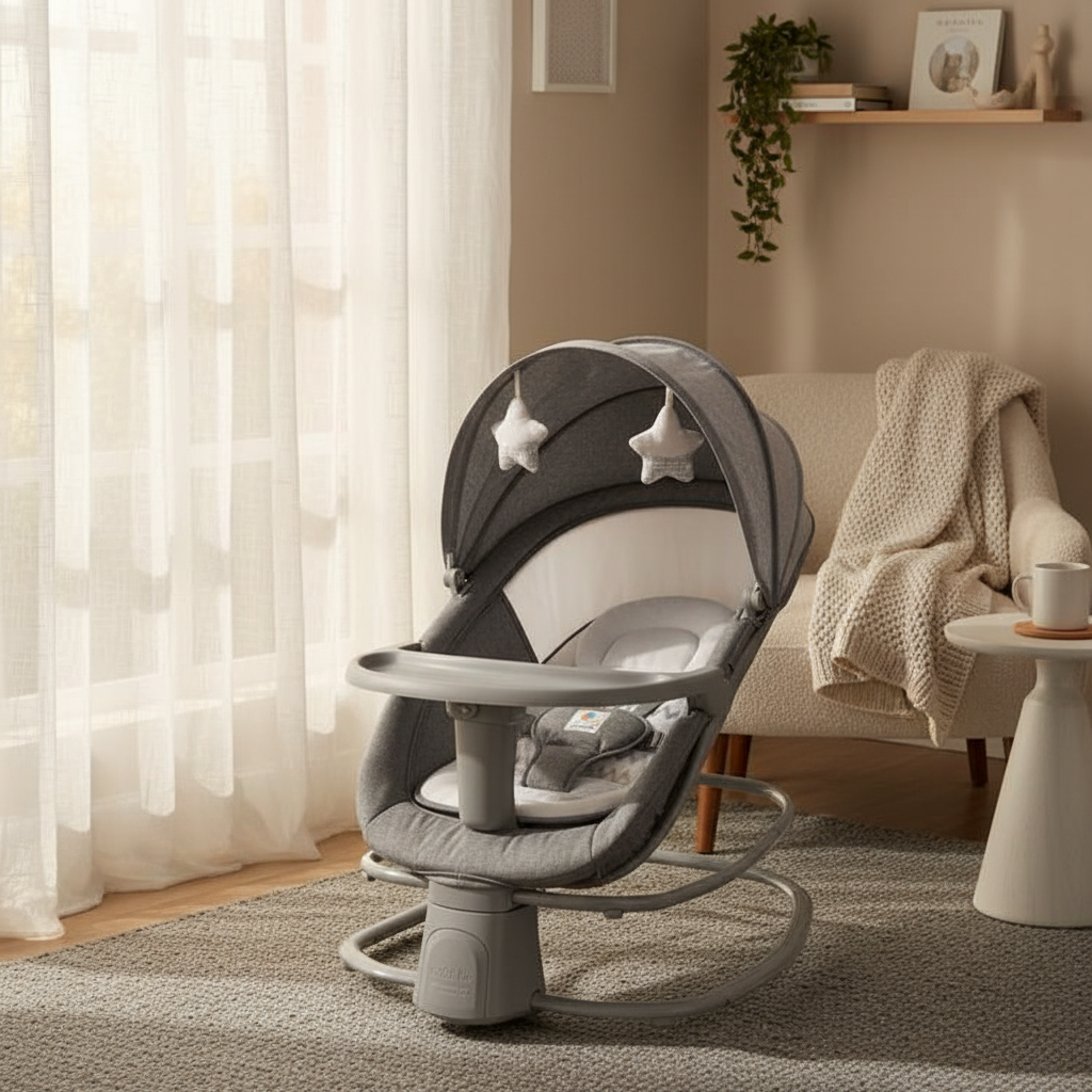 מאסטלה 4 ב-1 – נדנדה חשמלית וטרמפולינה עם מגש אוכל נשלף