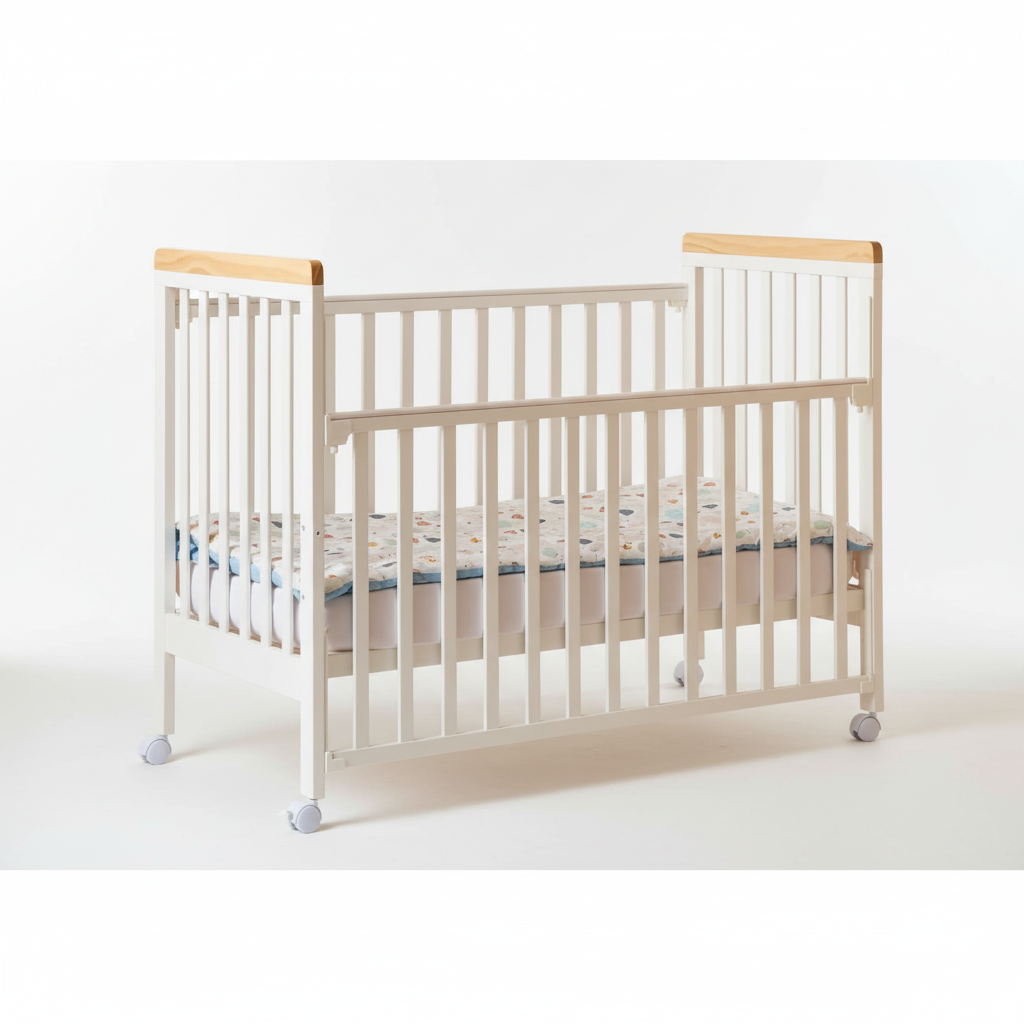 מיניגו – מיטת תינוק מעץ מלא, לבן עם שילוב עץ | מיטת תינוק