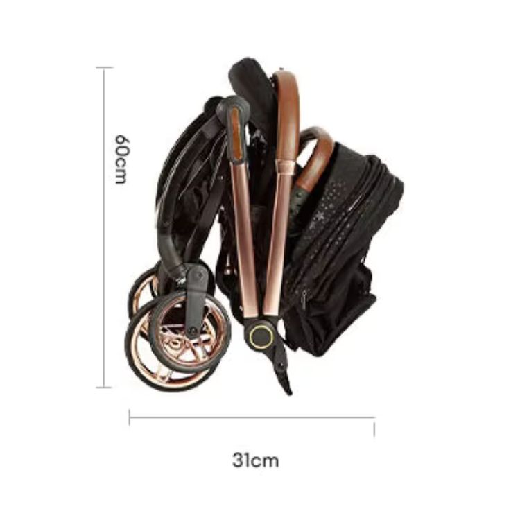 מיניגו – טיולון קיפול אוטומטי מסתובב 360, שחור עם שילדה רוז גולד | טיולון