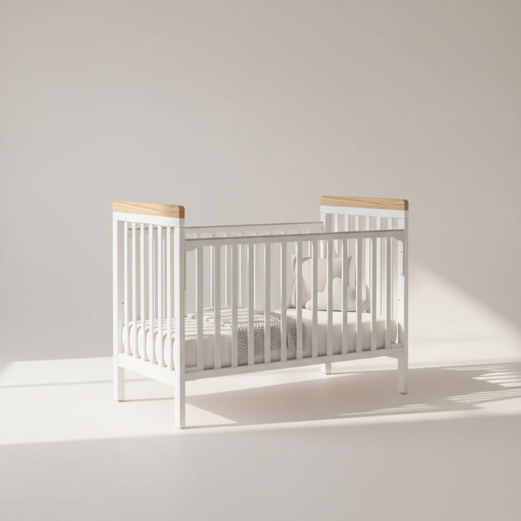 מיניגו – מיטת תינוק מעץ מלא, לבן עם שילוב עץ | מיטת תינוק