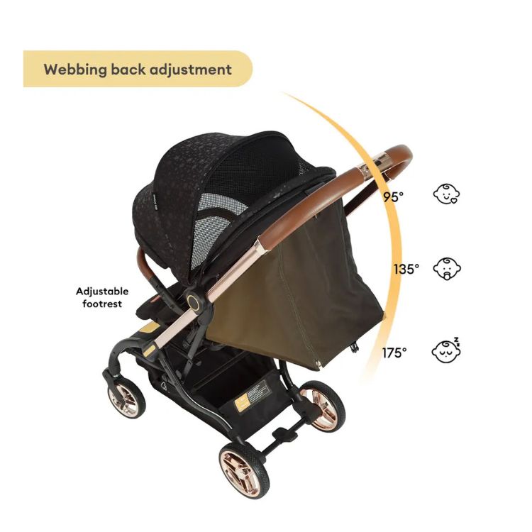 מיניגו – טיולון קיפול אוטומטי מסתובב 360, שחור עם שילדה רוז גולד | טיולון