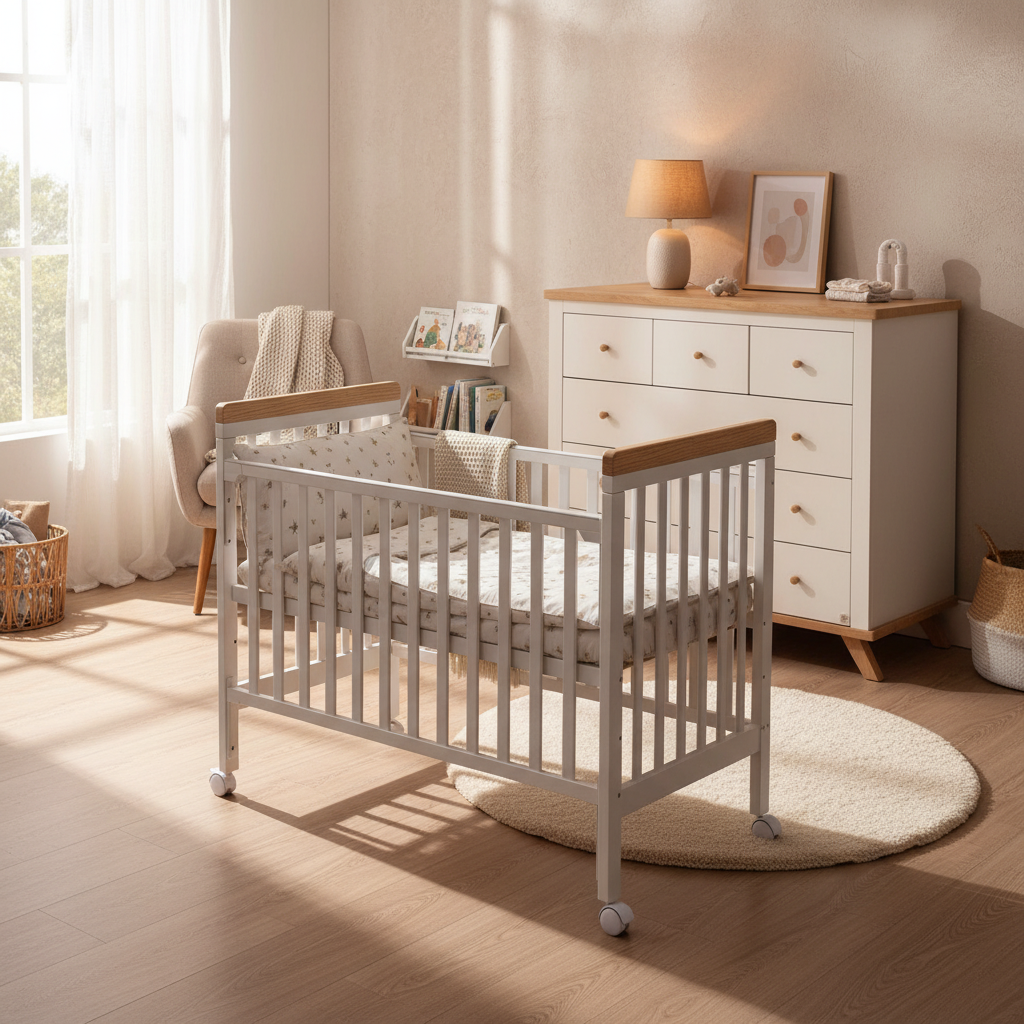 מיניגו – מיטת תינוק מעץ מלא, לבן עם שילוב עץ | מיטת תינוק