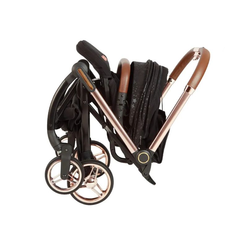 מיניגו – טיולון קיפול אוטומטי מסתובב 360, שחור עם שילדה רוז גולד | טיולון