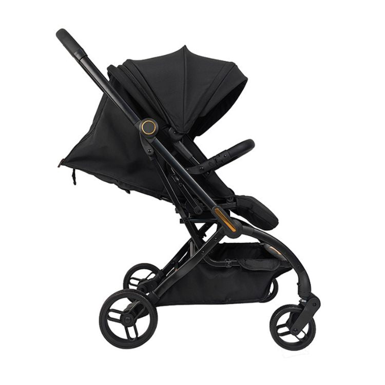 מיניגו – טיולון קיפול אוטומטי מסתובב 360, שחור עם שילדה רוז גולד | טיולון