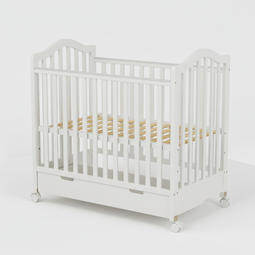 מיטה לתינוקות עם מגירת אחסון – קומפקטית צבע לבן