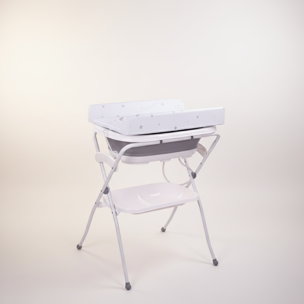 אמבטיית סיליקון מתקפלת עם מעמד ומשטח החתלה – אפור | אמבטיה לתינוק