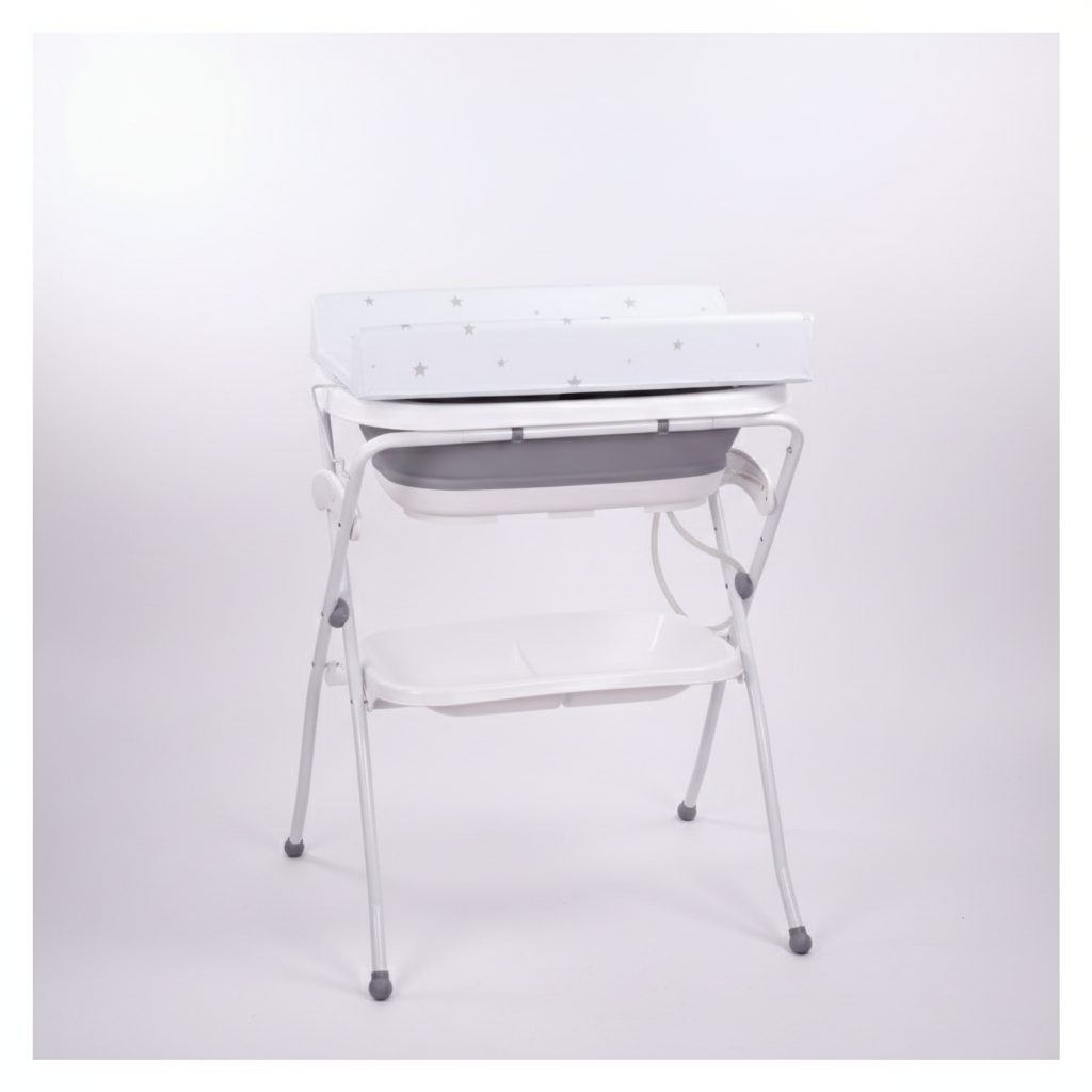 אמבטיית סיליקון מתקפלת עם מעמד ומשטח החתלה – אפור | אמבטיה לתינוק