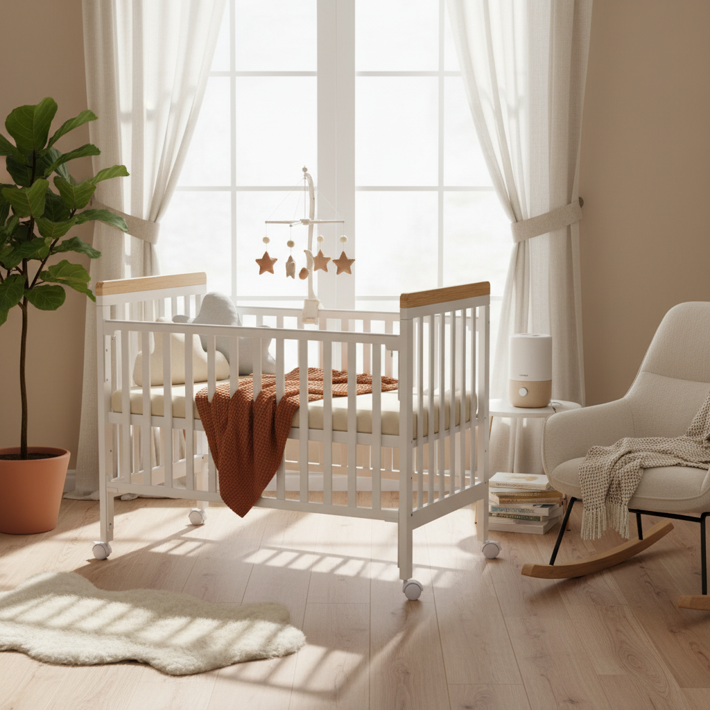 מיניגו – מיטת תינוק ושידת החתלה לבן שילוב עץ | חדר תינוק