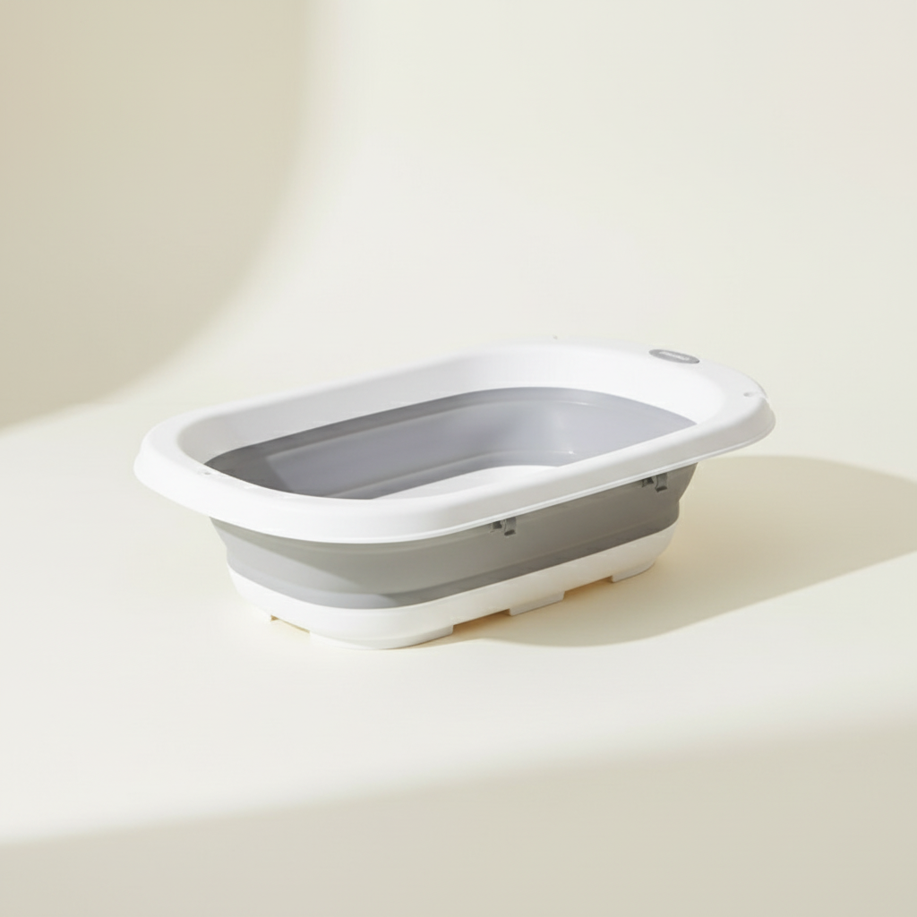 אמבטיית סיליקון מתקפלת עם מעמד ומשטח החתלה – אפור | אמבטיה לתינוק