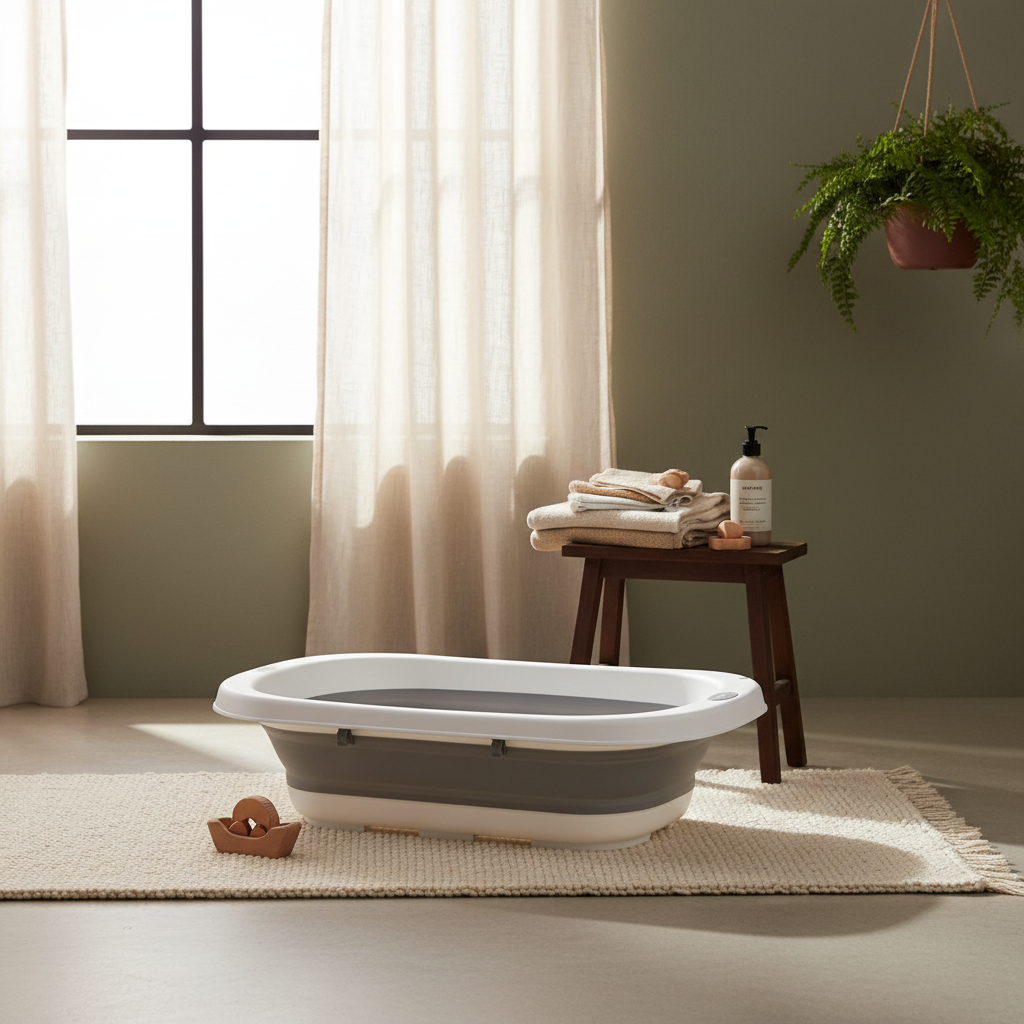 אמבטיית סיליקון מתקפלת עם מעמד ומשטח החתלה – אפור | אמבטיה לתינוק