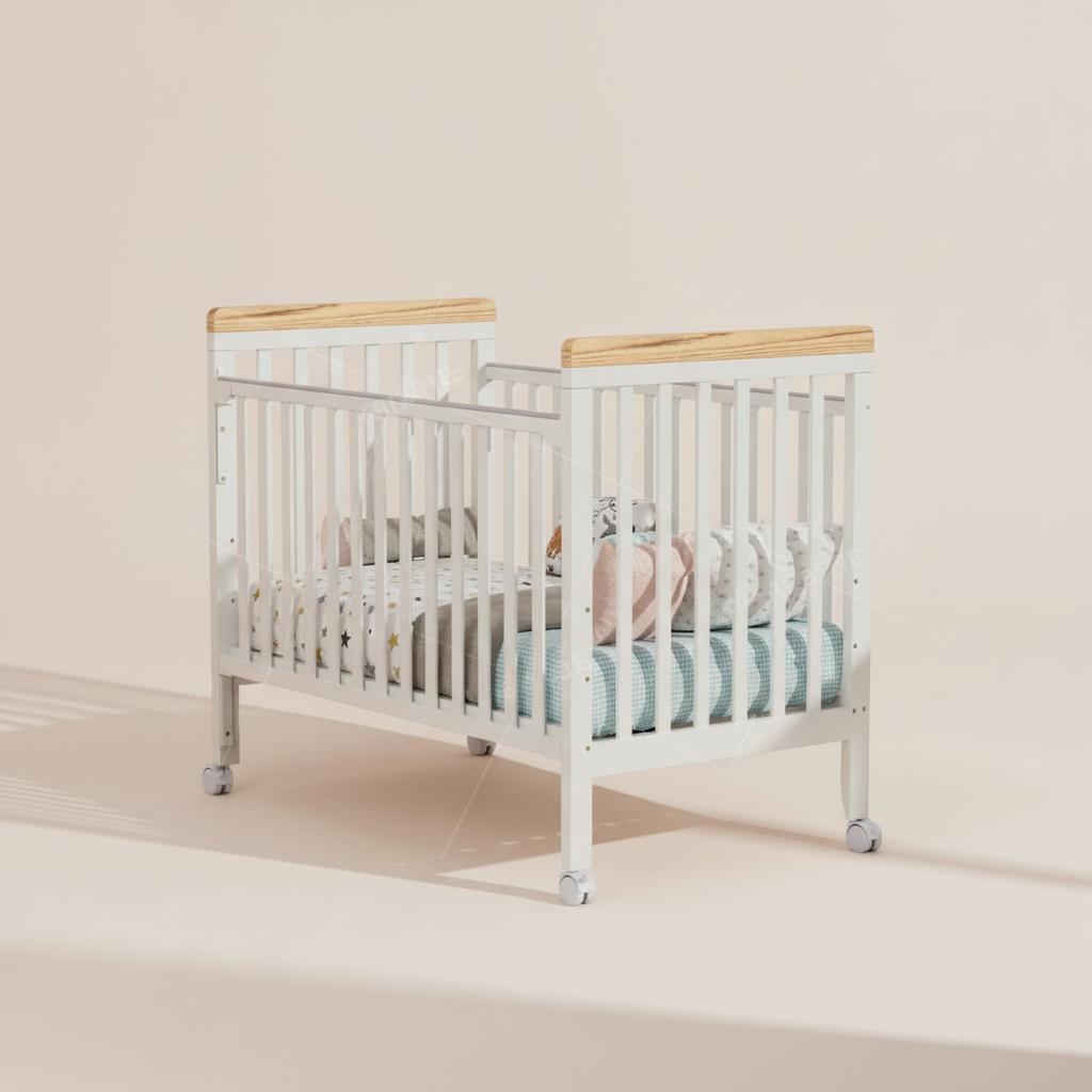 מיניגו – מיטת תינוק מעץ מלא, לבן עם שילוב עץ | מיטת תינוק