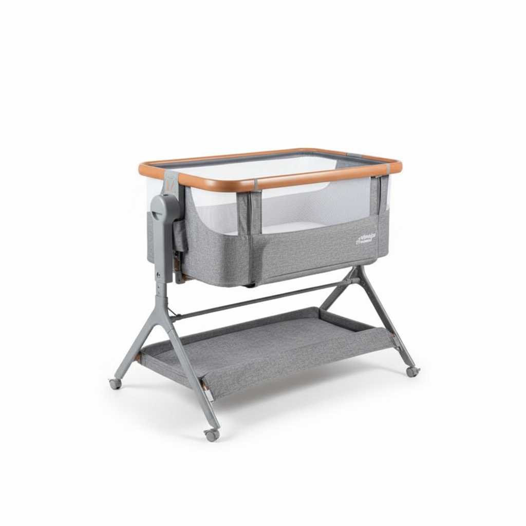 MINIGO עריסה מתחברת דמוי עץ – מתנדנד, אפור | עריסה לתינוק