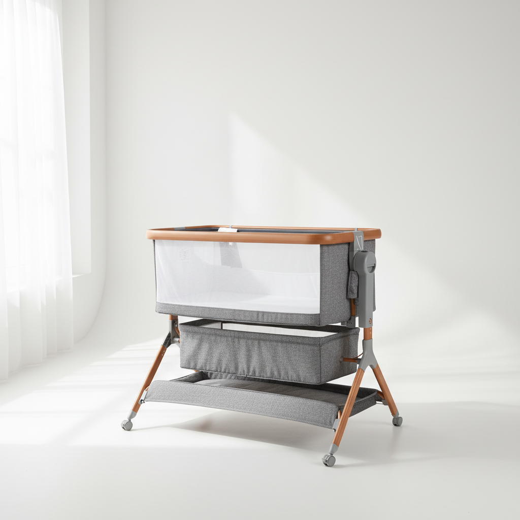 MINIGO עריסה מתחברת דמוי עץ – מתנדנד, אפור | עריסה לתינוק