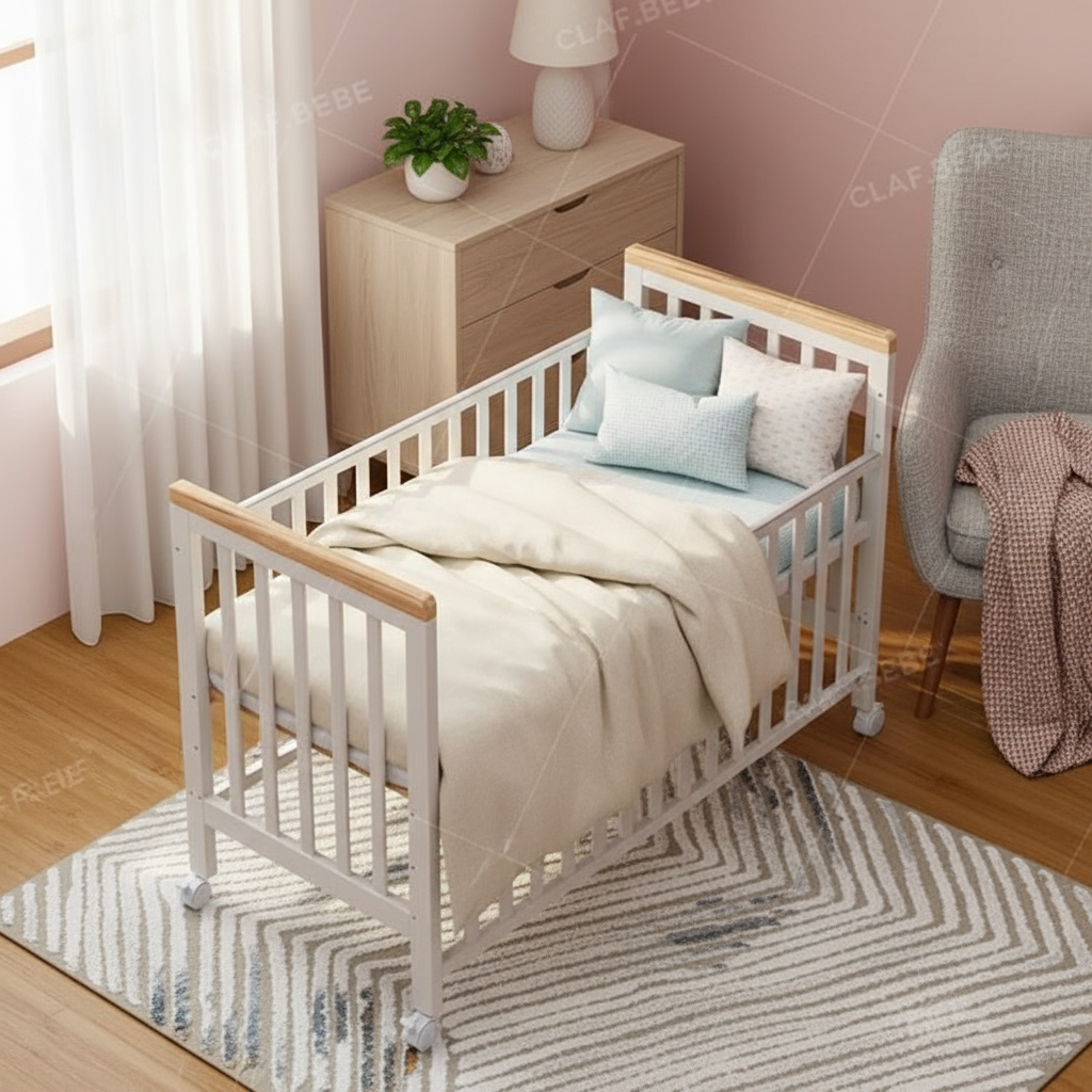 מיניגו – מיטת תינוק מעץ מלא, לבן עם שילוב עץ | מיטת תינוק