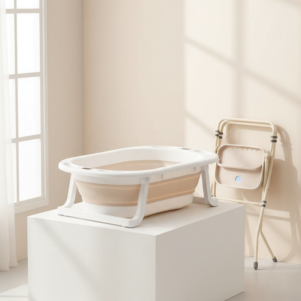 אמבטיית סיליקון מתקפלת – מעמד מתקפל ומד חום, בז׳ | אמבטיה לתינוק