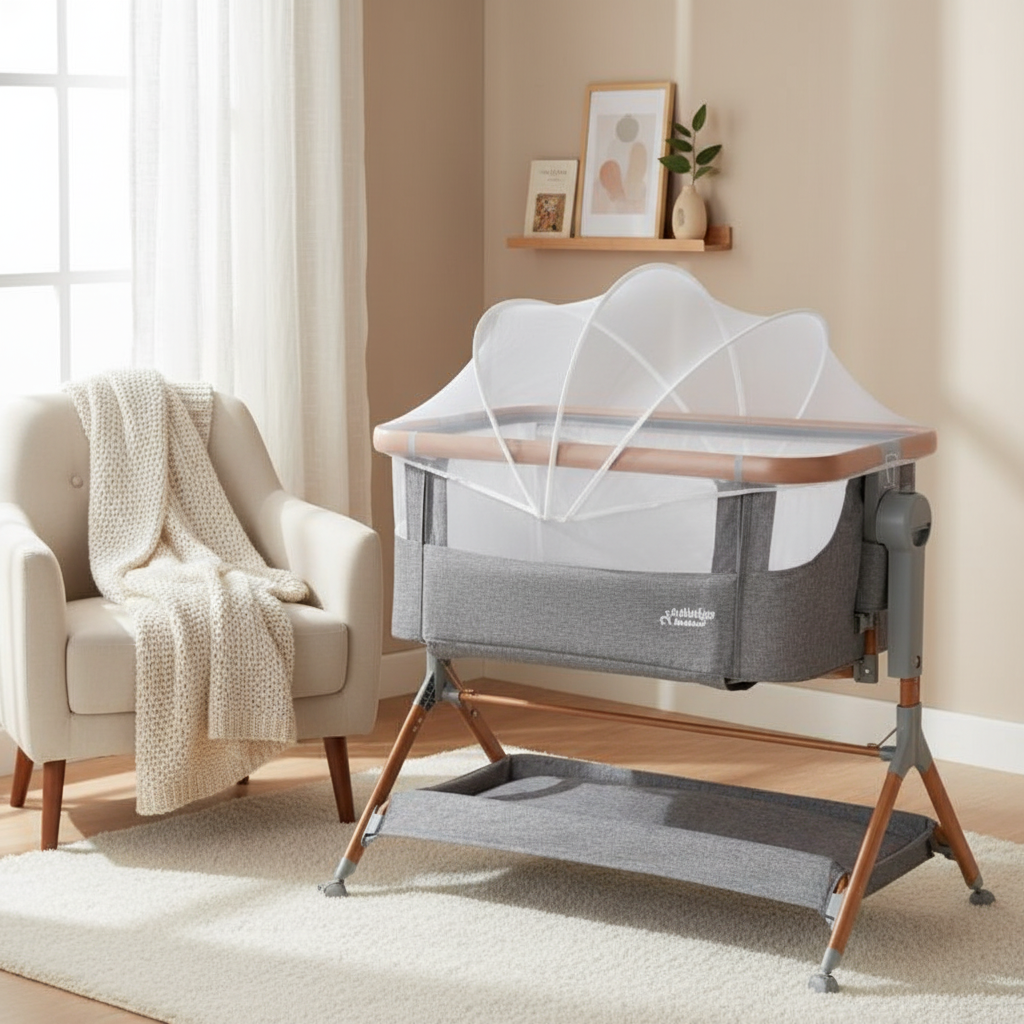 MINIGO עריסה מתחברת דמוי עץ – מתנדנד, אפור | עריסה לתינוק