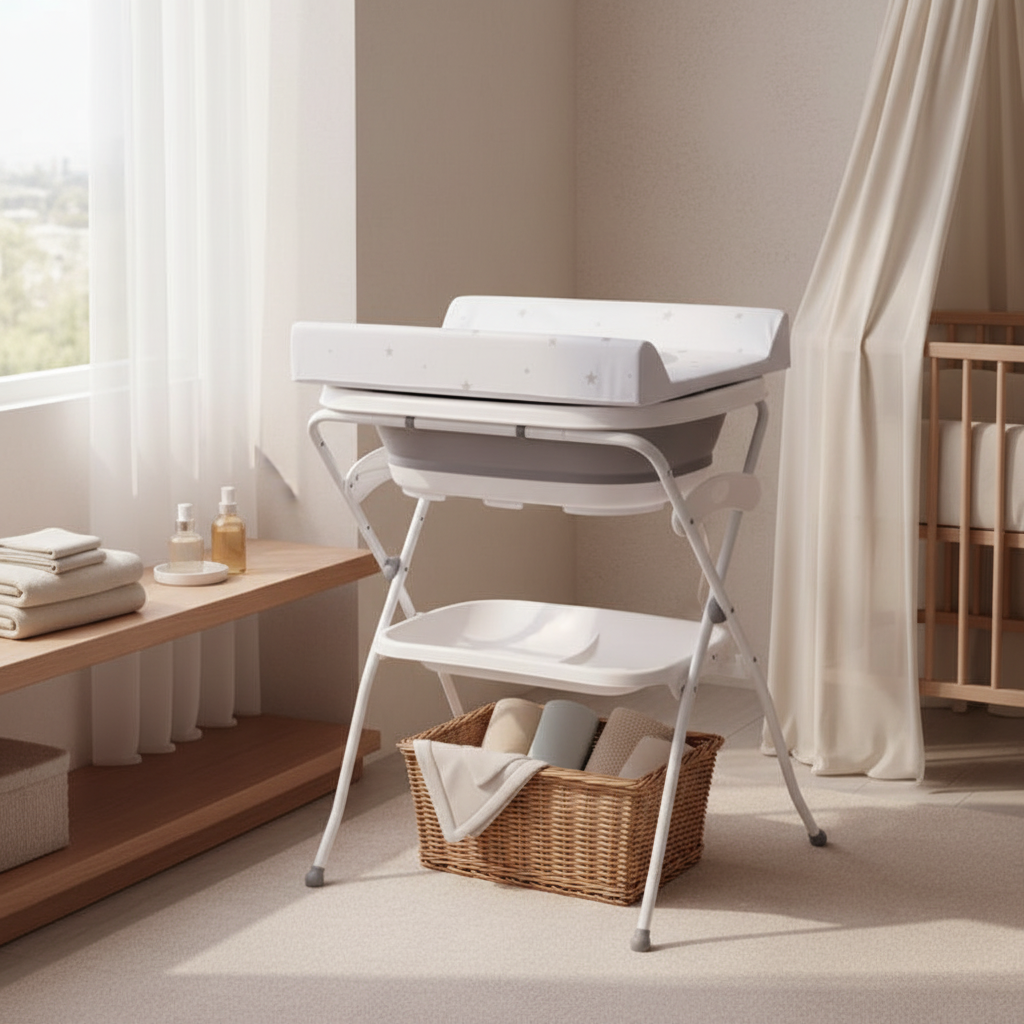 אמבטיית סיליקון מתקפלת עם מעמד ומשטח החתלה – אפור | אמבטיה לתינוק