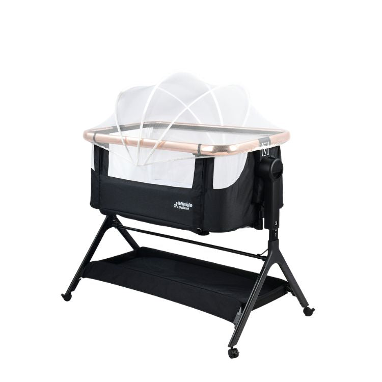 עריסה MINIGO דלוקס שחור ורוז גולד בד נושם ומאוורר