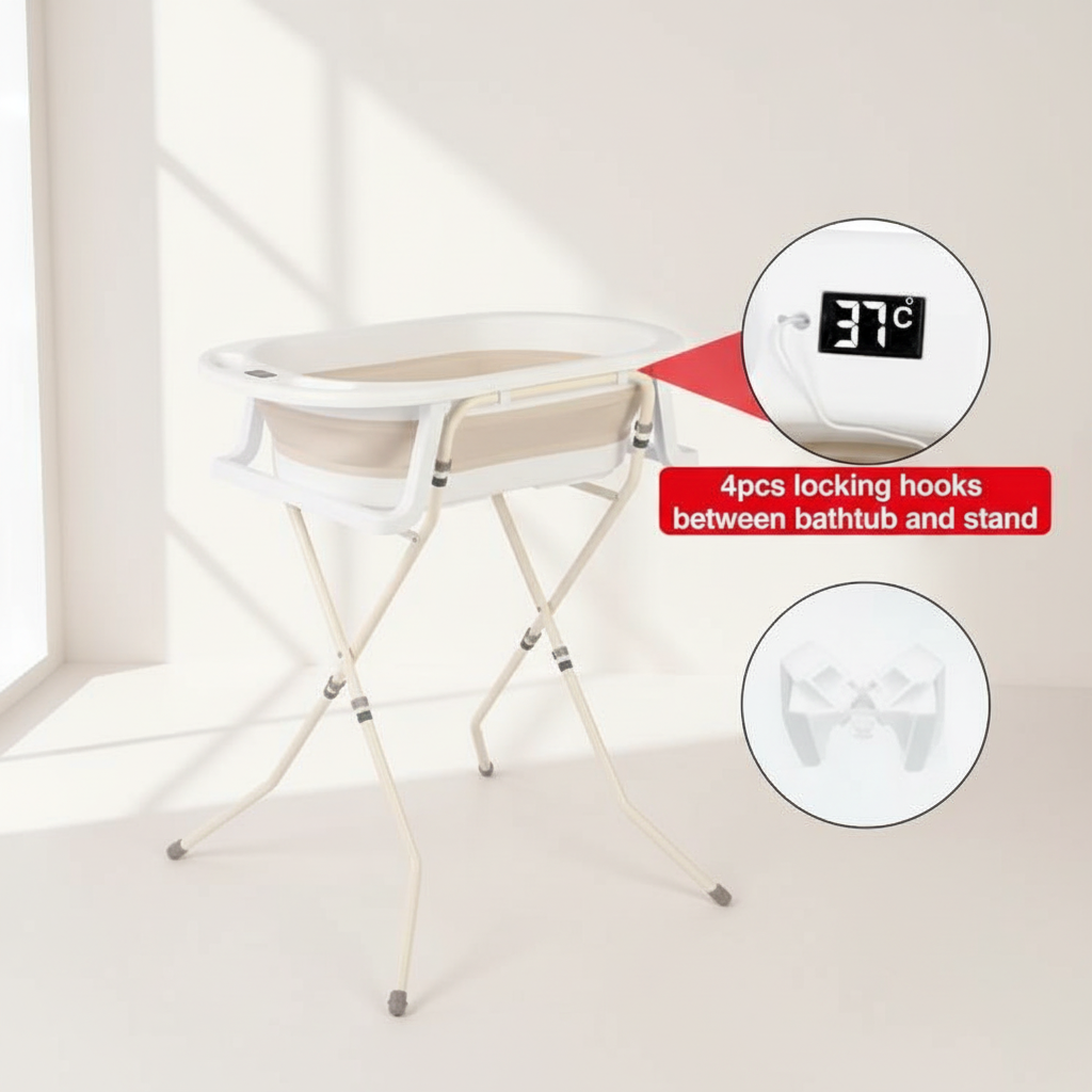 אמבטיית סיליקון מתקפלת – מעמד מתקפל ומד חום, בז׳ | אמבטיה לתינוק