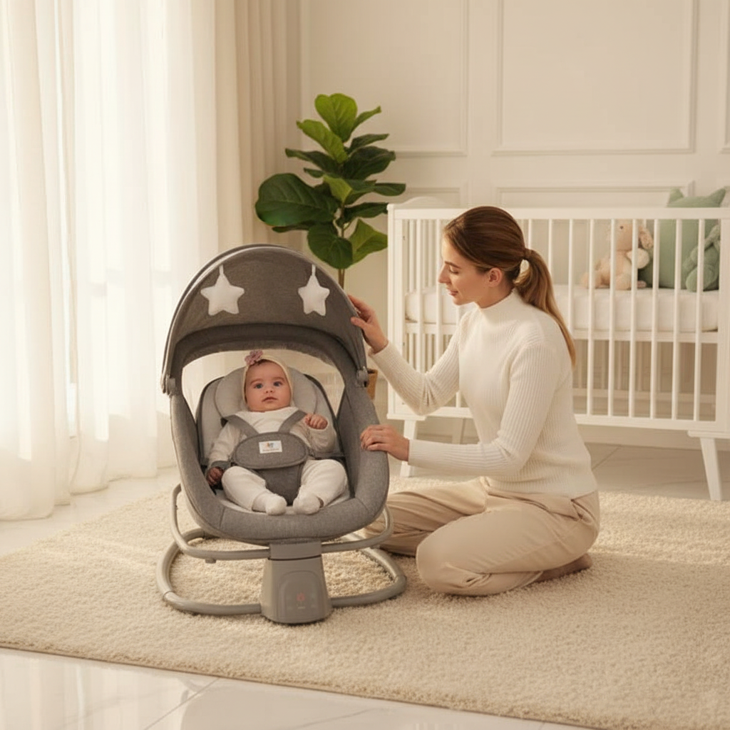 מאסטלה 4 ב-1 – נדנדה חשמלית וטרמפולינה עם מגש אוכל נשלף