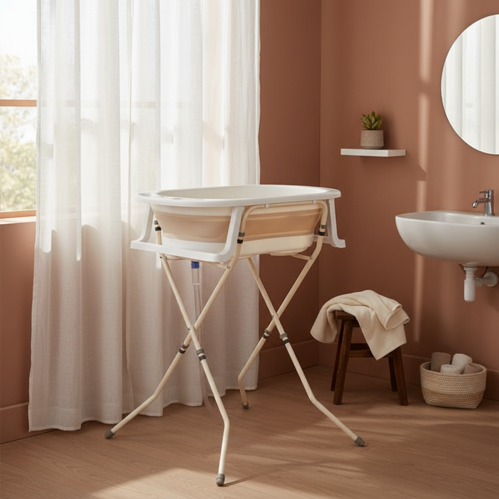 אמבטיית סיליקון מתקפלת – מעמד מתקפל ומד חום, בז׳ | אמבטיה לתינוק