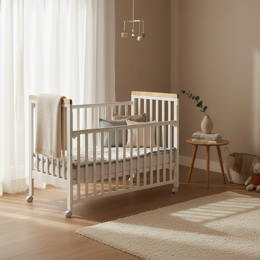 מיניגו – מיטת תינוק מעץ מלא, לבן עם שילוב עץ | מיטת תינוק