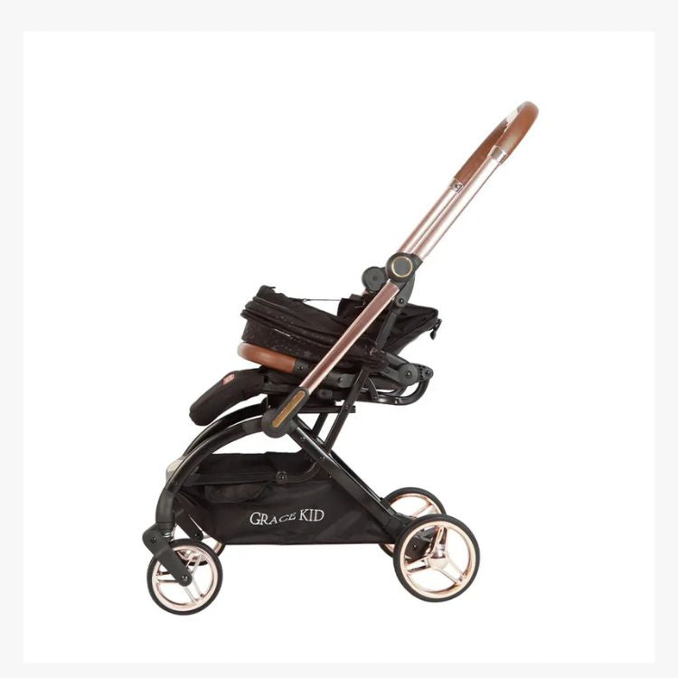 מיניגו – טיולון קיפול אוטומטי מסתובב 360, שחור עם שילדה רוז גולד | טיולון