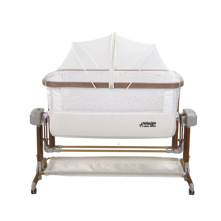 מיניגו עריסה מתחברת חשמלית לבן דמוי עץ עם מזרון נושם