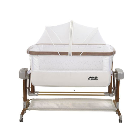 מיניגו עריסה מתחברת חשמלית לבן דמוי עץ עם מזרון נושם