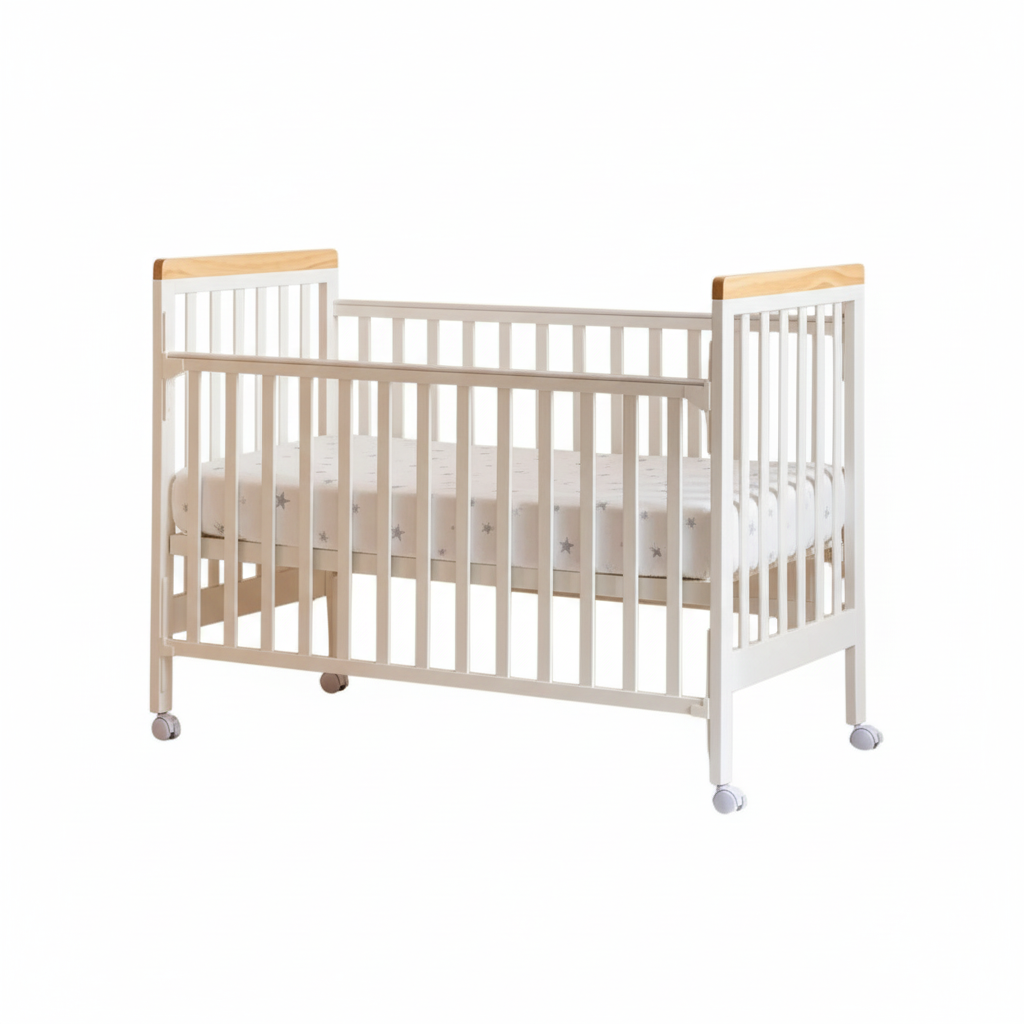 מיניגו – מיטת תינוק מעץ מלא, לבן עם שילוב עץ | מיטת תינוק