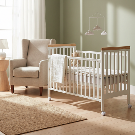 מיניגו – מיטת תינוק מעץ מלא, לבן עם שילוב עץ | מיטת תינוק