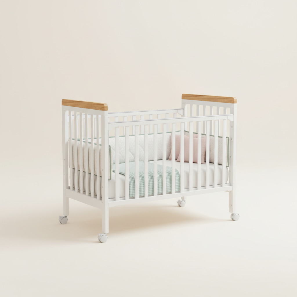 מיניגו – מיטת תינוק מעץ מלא, לבן עם שילוב עץ | מיטת תינוק