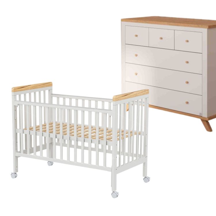 מיטה ושידת החתלה מיניגו לבן שילוב עץ