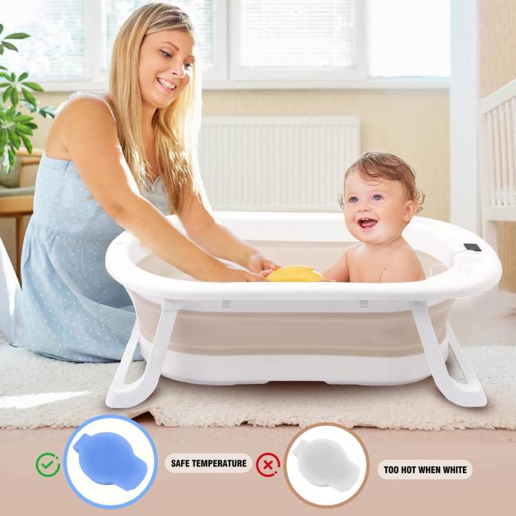 אמבטיית סיליקון מתקפלת – מעמד מתקפל ומד חום, בז׳ | אמבטיה לתינוק