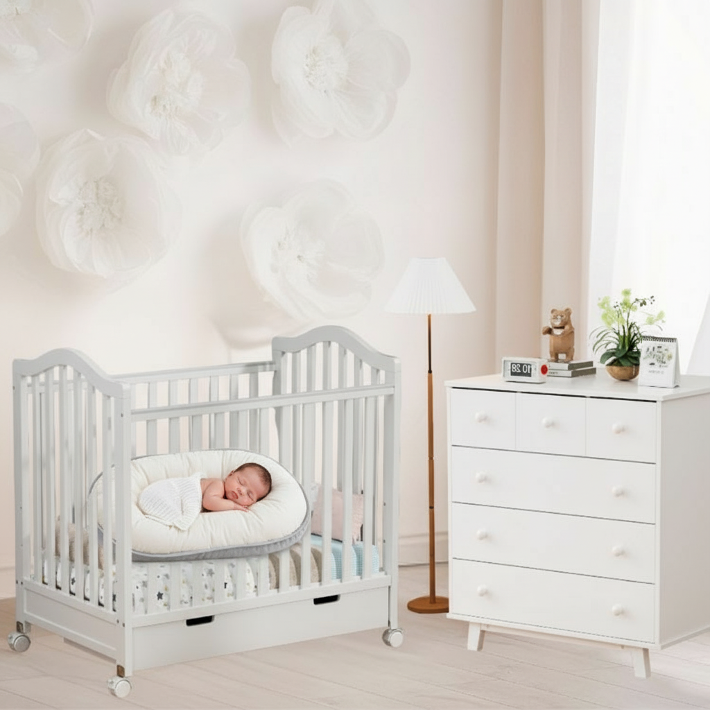 מיטה לתינוקות עם מגירת אחסון – קומפקטית צבע לבן