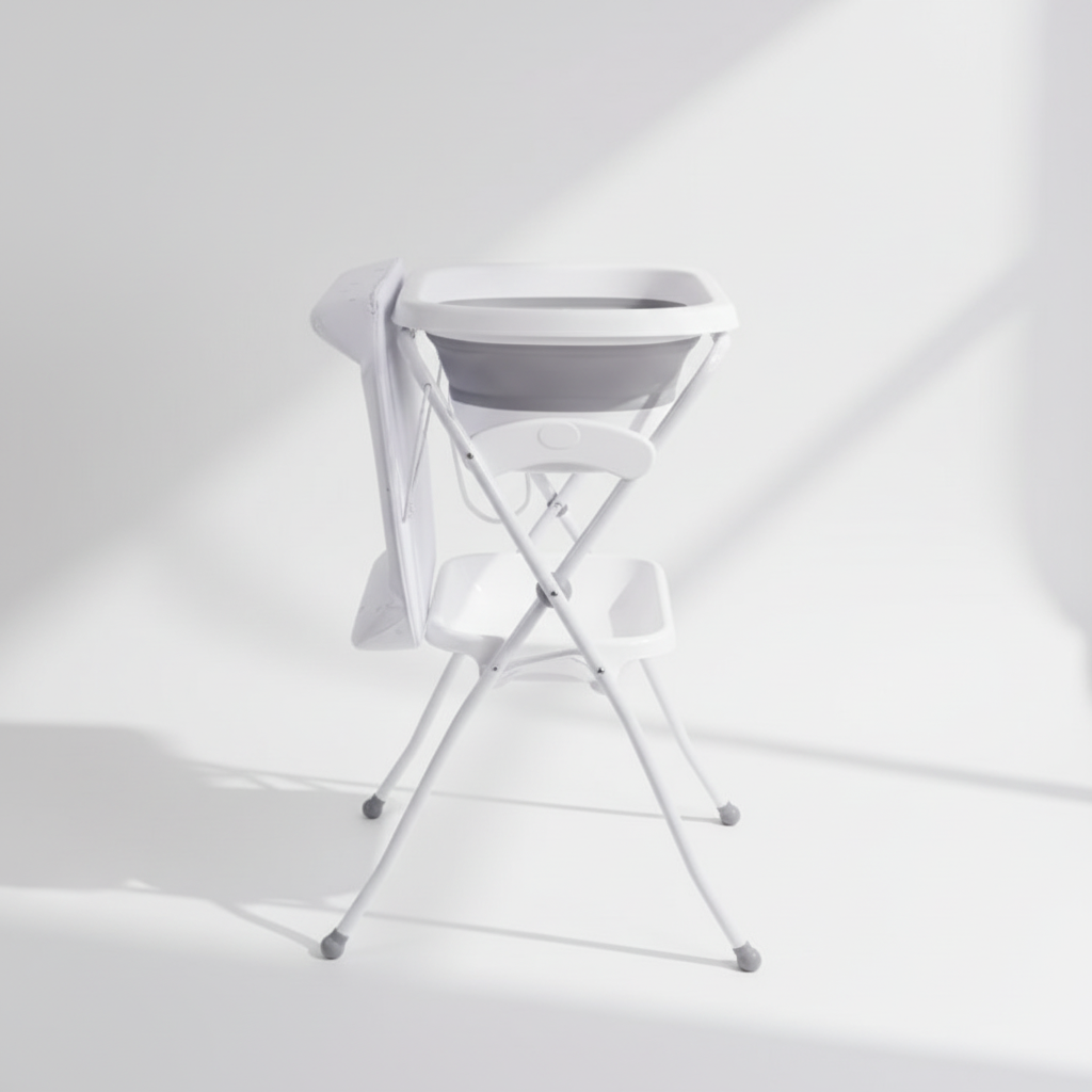 אמבטיית סיליקון מתקפלת עם מעמד ומשטח החתלה – אפור | אמבטיה לתינוק