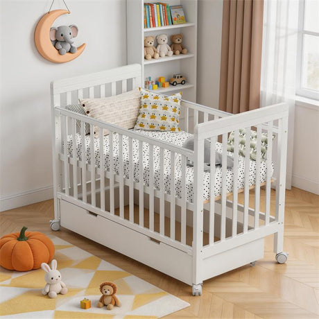 מיטה לתינוקות עם מגירת אחסון – צבע לבן