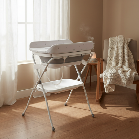 אמבטיית סיליקון מתקפלת עם מעמד ומשטח החתלה – אפור | אמבטיה לתינוק