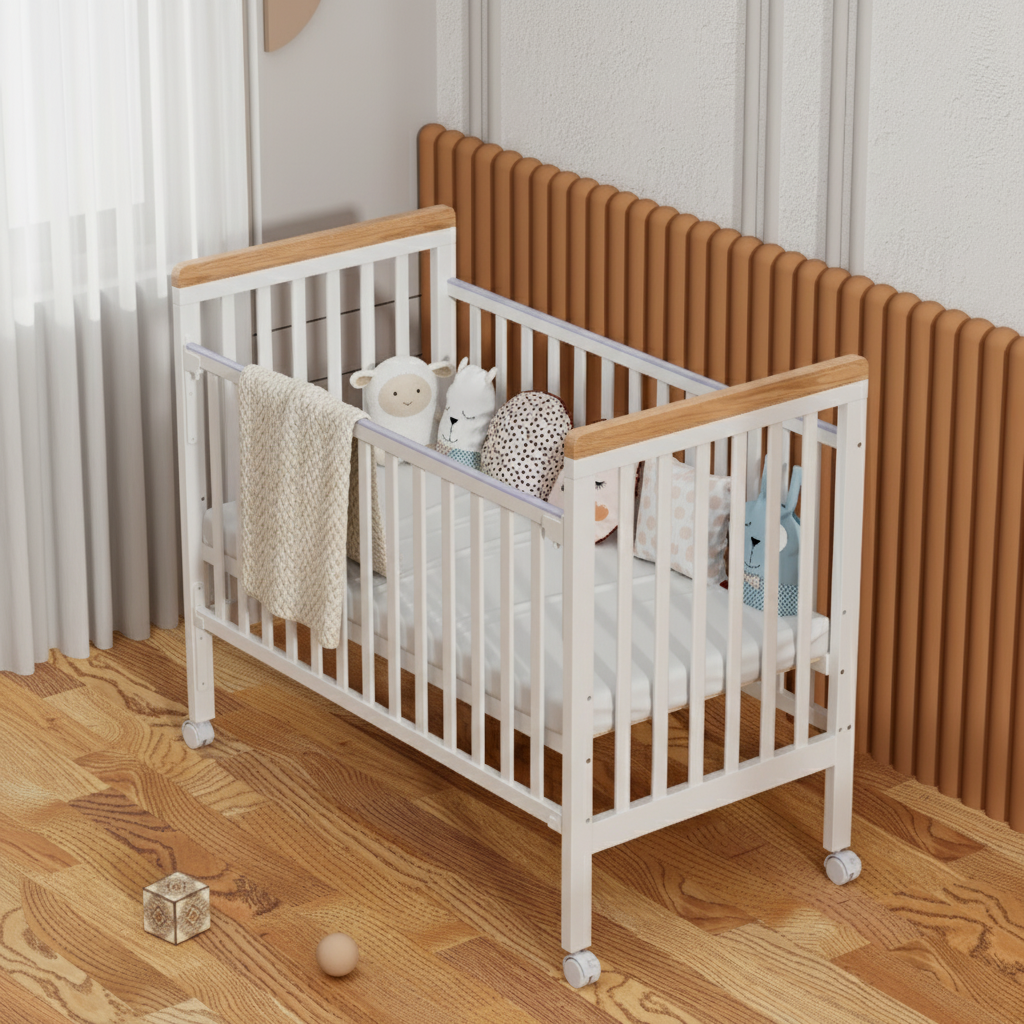 מיניגו – מיטת תינוק מעץ מלא, לבן עם שילוב עץ | מיטת תינוק