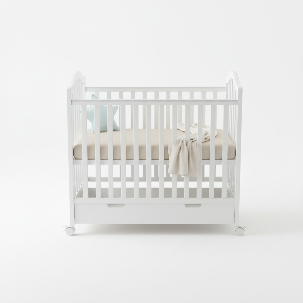מיטה לתינוקות עם מגירת אחסון – קומפקטית צבע לבן