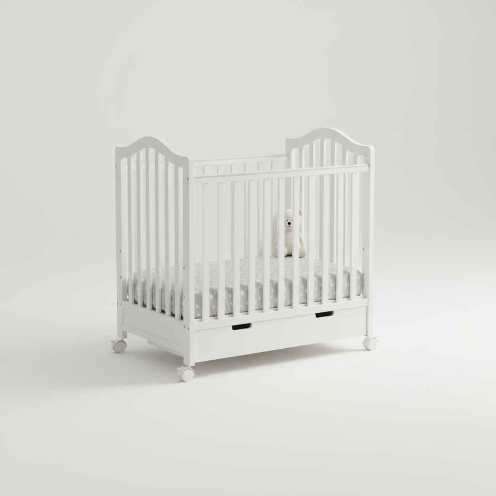 מיטה לתינוקות עם מגירת אחסון – קומפקטית צבע לבן