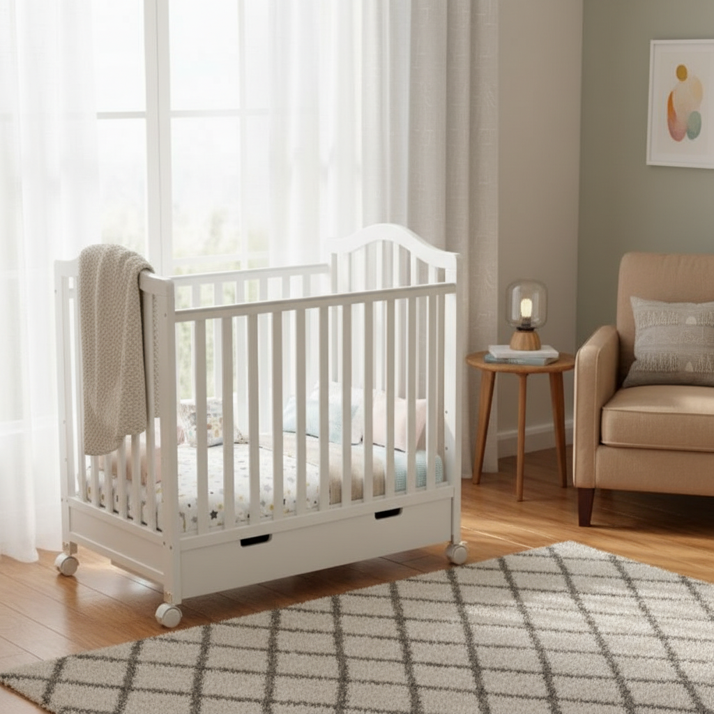 מיטה לתינוקות עם מגירת אחסון – קומפקטית צבע לבן