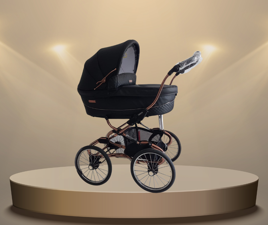 בבהקאר סטיילו – שחור עם שילדה רוז גולד | עגלת תינוק