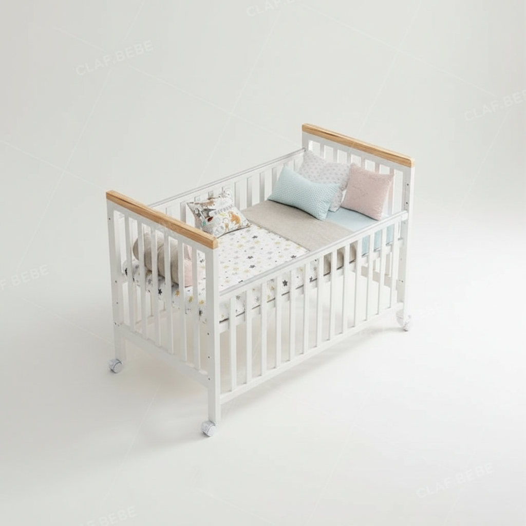 מיניגו – מיטת תינוק מעץ מלא, לבן עם שילוב עץ | מיטת תינוק