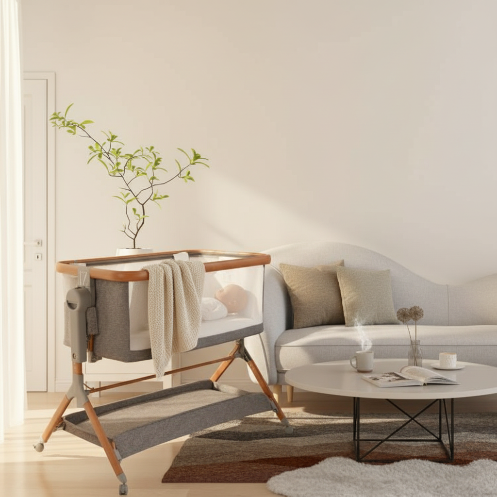 MINIGO עריסה מתחברת דמוי עץ – מתנדנד, אפור | עריסה לתינוק