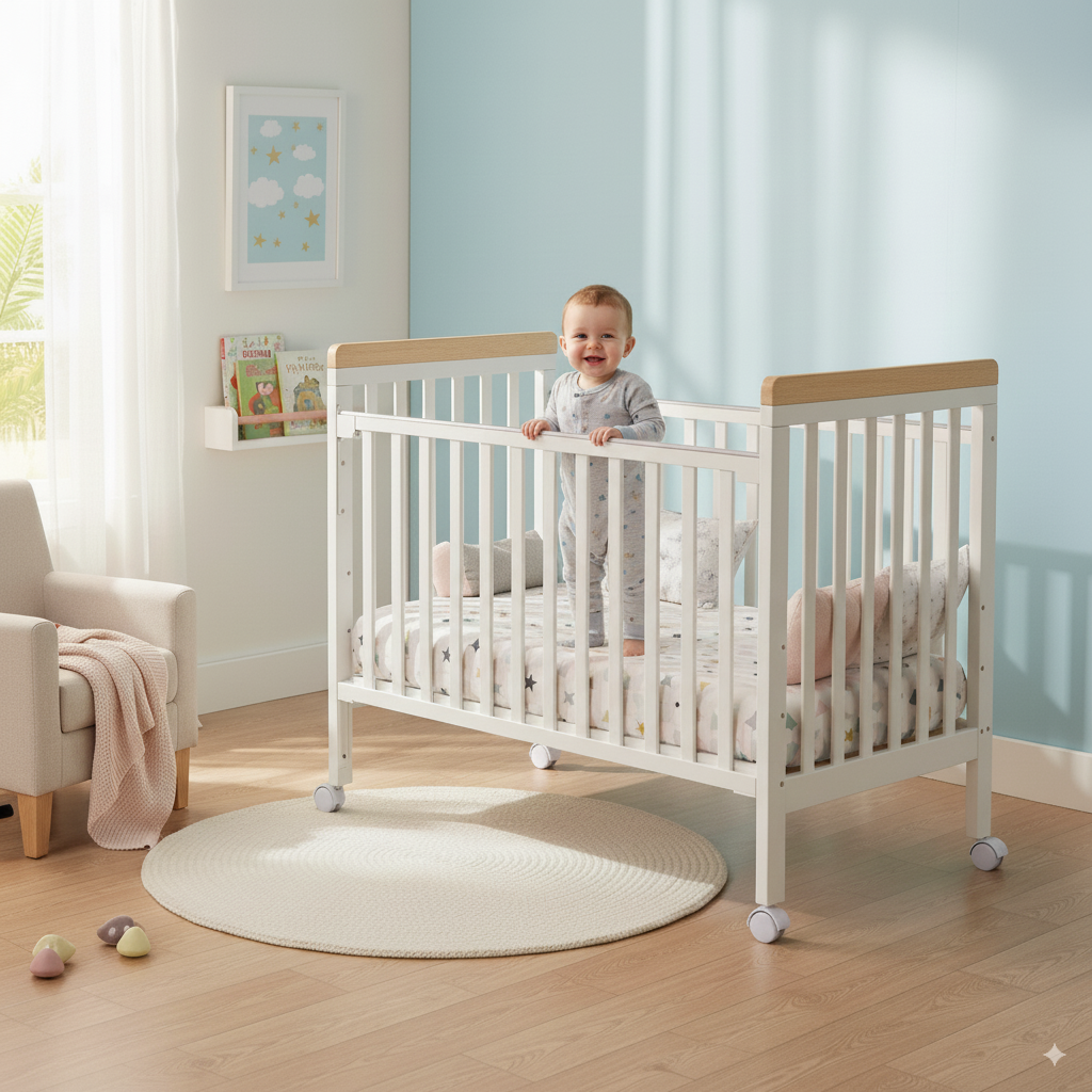מיניגו – מיטת תינוק ושידת החתלה לבן שילוב עץ | חדר תינוק