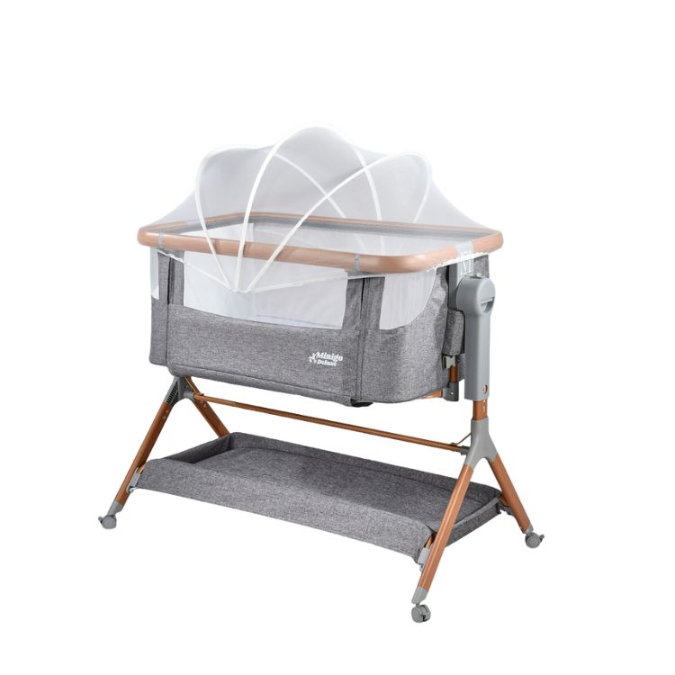 עריסה מתחברת MINIGO אפור דמוי עץ עם דפנות רשת