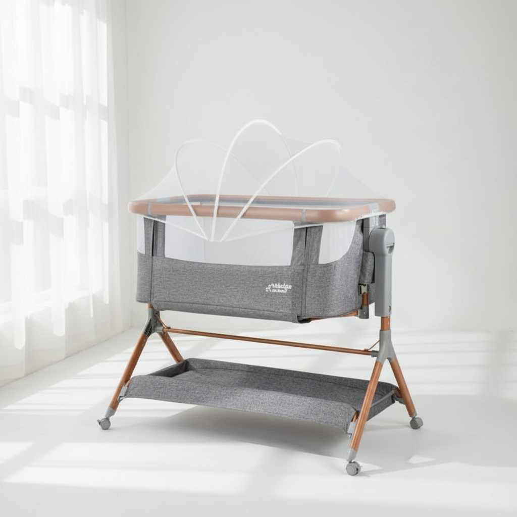 MINIGO עריסה מתחברת דמוי עץ – מתנדנד, אפור | עריסה לתינוק