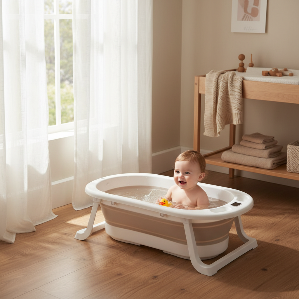 אמבטיית סיליקון מתקפלת – מעמד מתקפל ומד חום, בז׳ | אמבטיה לתינוק