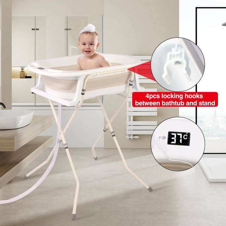 אמבטיית סיליקון מתקפלת – מעמד מתקפל ומד חום, בז׳ | אמבטיה לתינוק